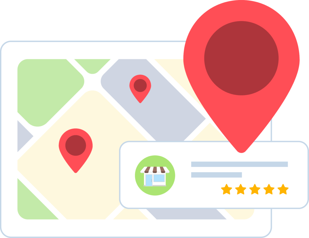 Google Map Pack SEO 2025 illustration showing local business listings with map pins and customer star ratings to demonstrate how to rank in Google Maps