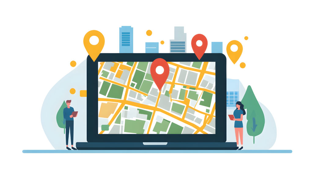 Google Map Pack SEO 2025 concept showing digital map pins and local search optimization on a laptop screen, illustrating how to rank in Google Maps.