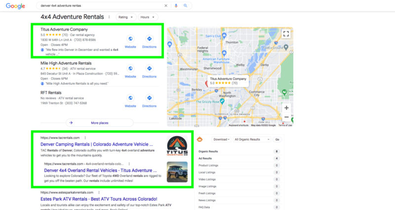 Denver Local Seo google search results for Tacrentals