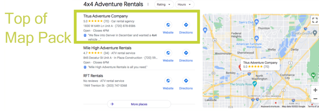 example of map pack from a denver colorado company using local seo services