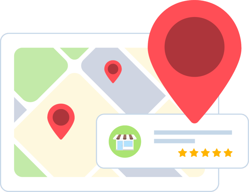 Google Map Pack SEO 2025 illustration showing local business listings with map pins and customer star ratings to demonstrate how to rank in Google Maps.