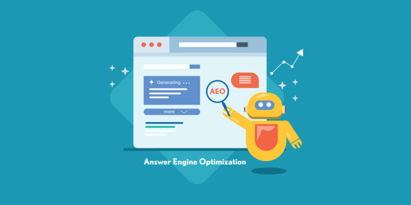 Answer Engine Optimization illustration showing AI search interface, highlighting strategies to optimize for AI search engines like Google SGE, ChatGPT, and Perplexity.