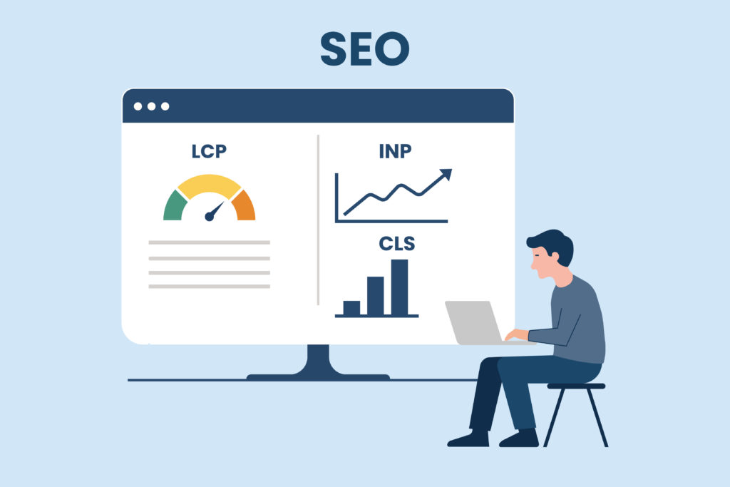 Page speed local SEO dashboard illustrating INP, LCP, and CLS metrics that impact performance for service businesses.