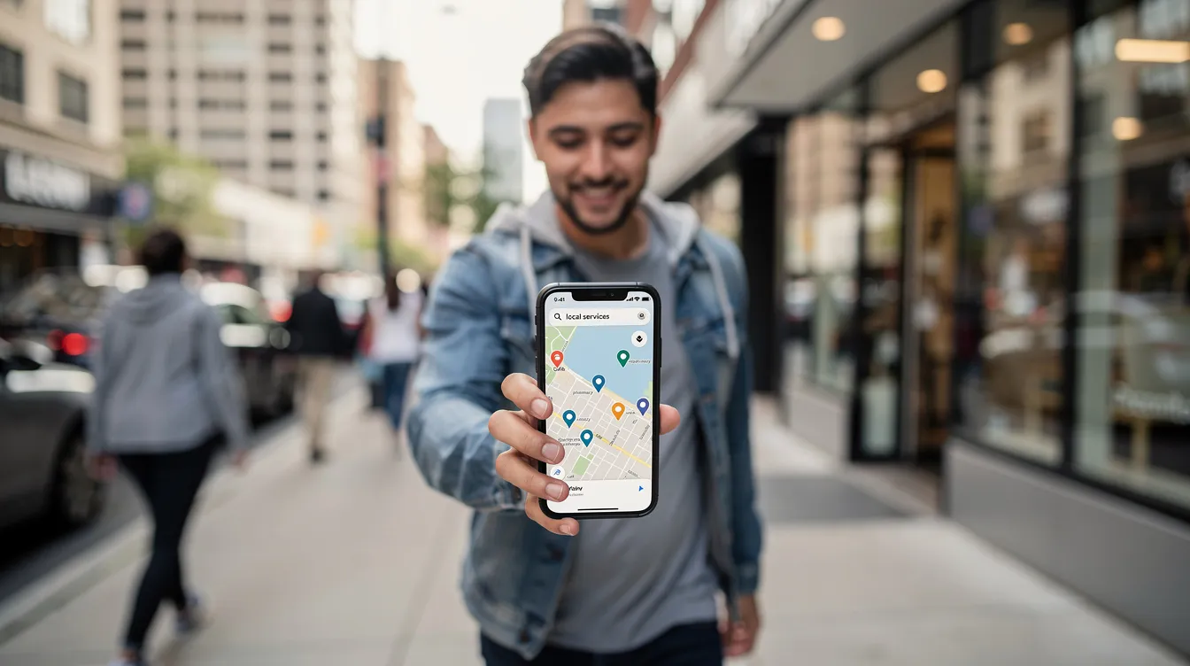A person is walking down a bustling city street, focused on their smartphone as they search for local services using Google search. The image captures the essence of local SEO, highlighting the importance of a strong Google business profile for businesses aiming to attract nearby customers.