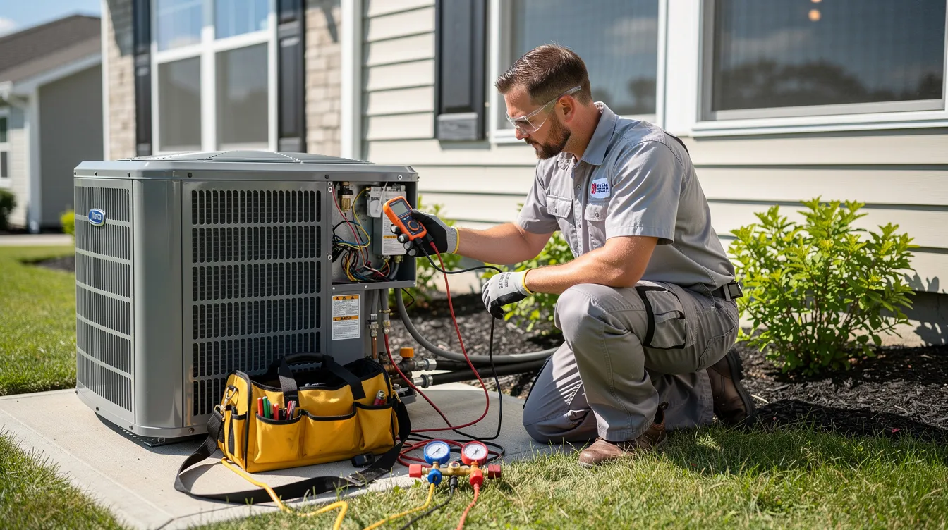 An HVAC technician is working on an air conditioning unit outside a residential home, wearing a uniform and using tools to ensure the system is functioning properly. This image highlights the importance of local SEO services for businesses like HVAC companies to improve their online visibility and attract local customers through platforms like Google My Business.
