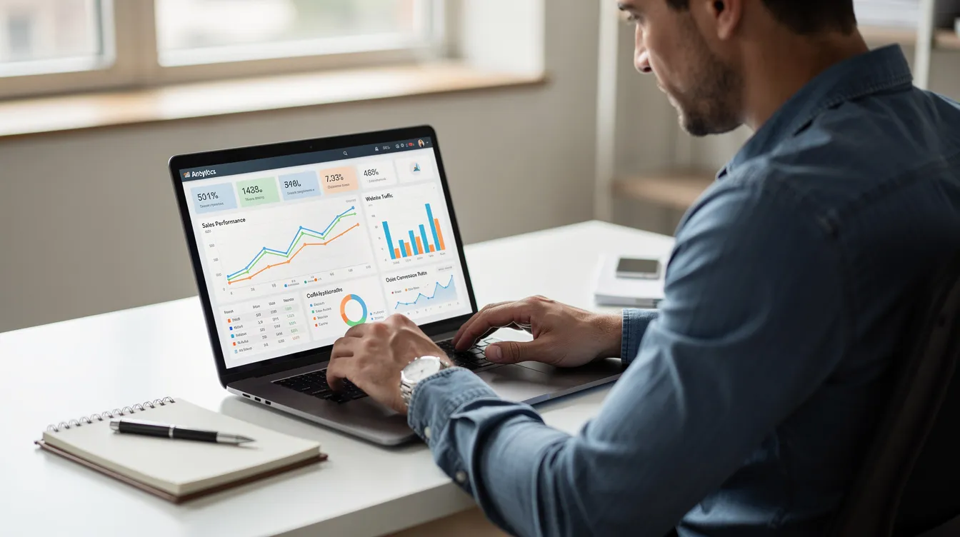 A business owner is focused on reviewing an analytics dashboard displayed on a laptop, analyzing data to enhance their online visibility and optimize their Google Business Profile for better local search results. The scene highlights the importance of understanding analytics in driving local customers to their business location.