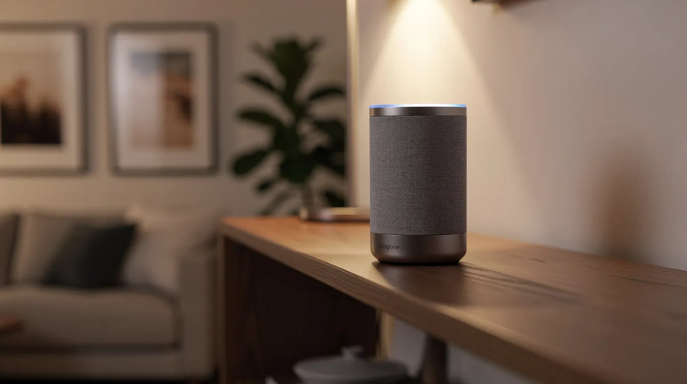 A smart speaker device is placed on a living room shelf, illuminated by warm lighting that creates a cozy atmosphere. This voice assistant blends seamlessly into the decor, ready to provide quick answers and assist with user queries.