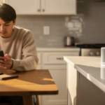 Customer using AI-powered search on a smartphone and smart speaker for local business information