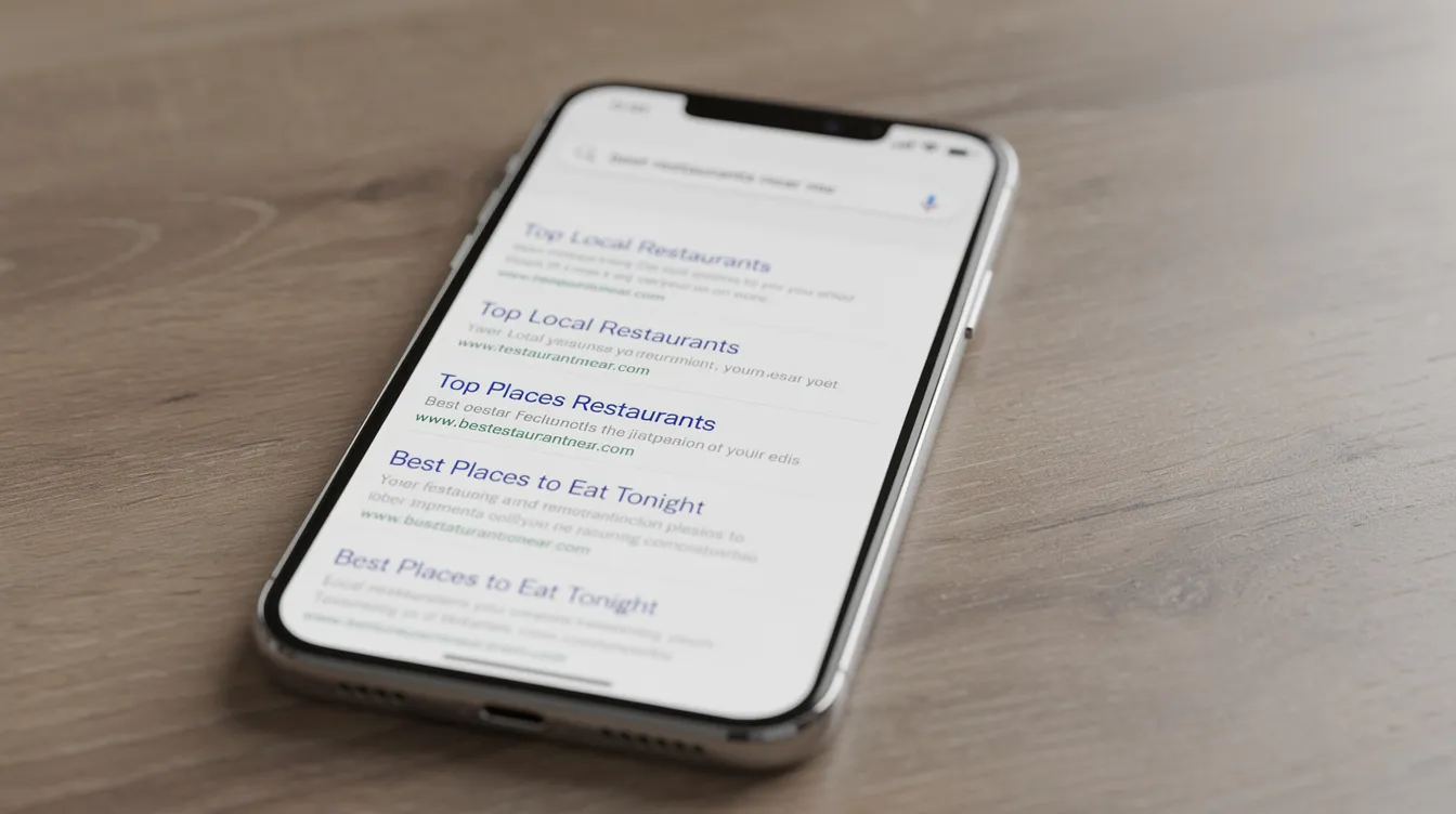A smartphone rests on a table, displaying a search results screen filled with various listings, highlighting the importance of search engines and SEO strategies in digital marketing. The visible results suggest a focus on keyword research and optimizing content for better search engine rankings.