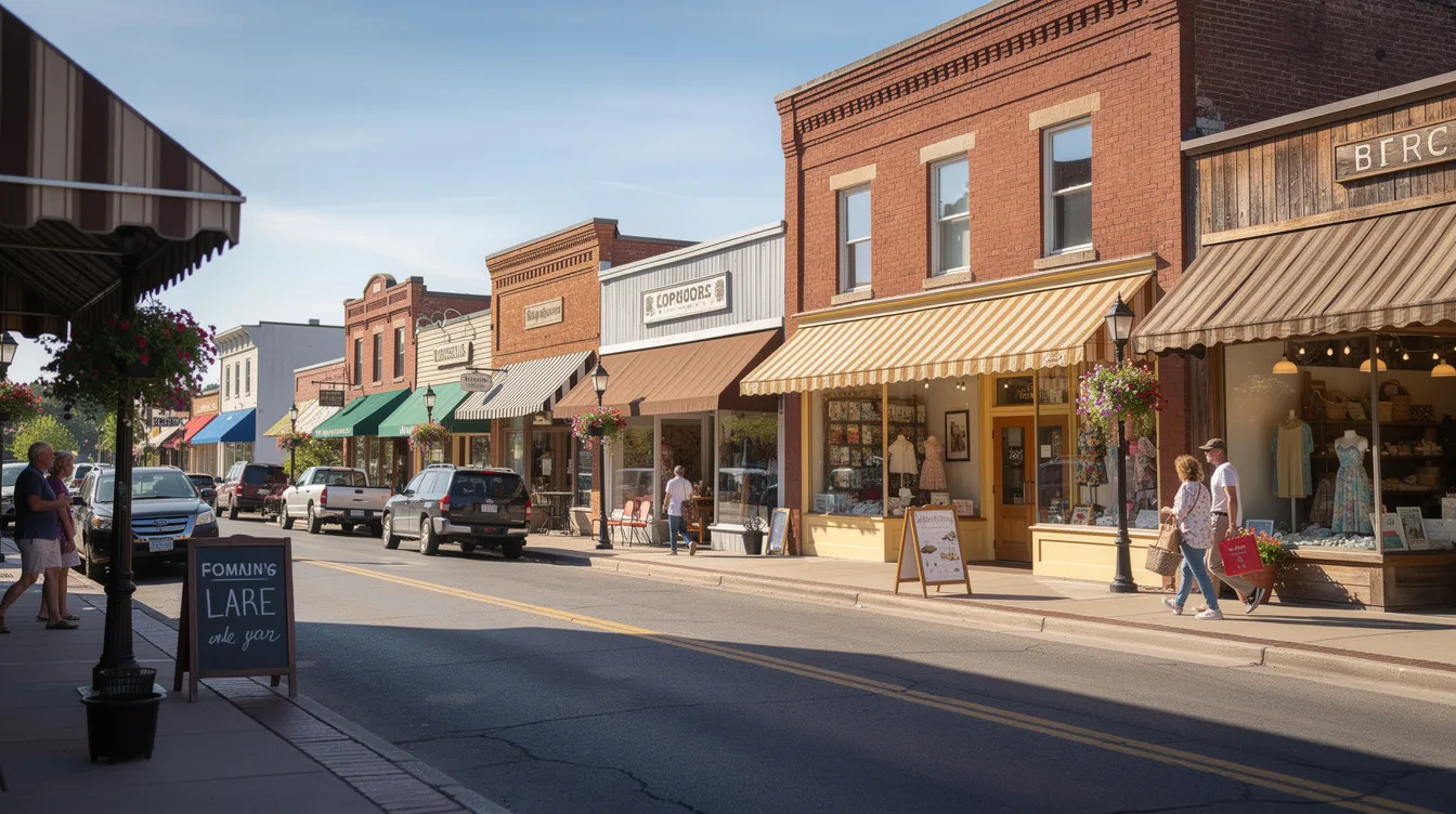 A vibrant small-town main street bustling with activity on a sunny day, featuring various shops and storefronts, while people stroll along the sidewalk enjoying the pleasant atmosphere. The scene captures the essence of community life, reminiscent of traditional SEO practices where local businesses thrive and attract foot traffic.