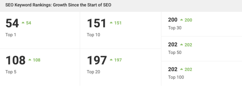 Don’s Custom Cabinets & Countertops SEO growth showing 54 number one rankings and 151 Top 10 Google rankings