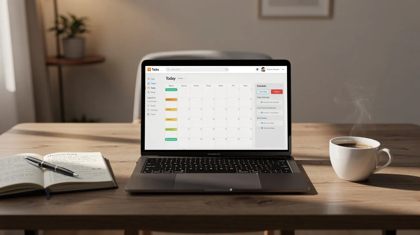 A cozy home office desk features an open laptop displaying a work planning interface, alongside a notebook, pen, and a steaming cup of coffee, creating an inviting atmosphere for productivity and digital marketing tasks. The setup suggests an environment conducive to using AI-powered SEO tools and optimizing content for improved search engine rankings.